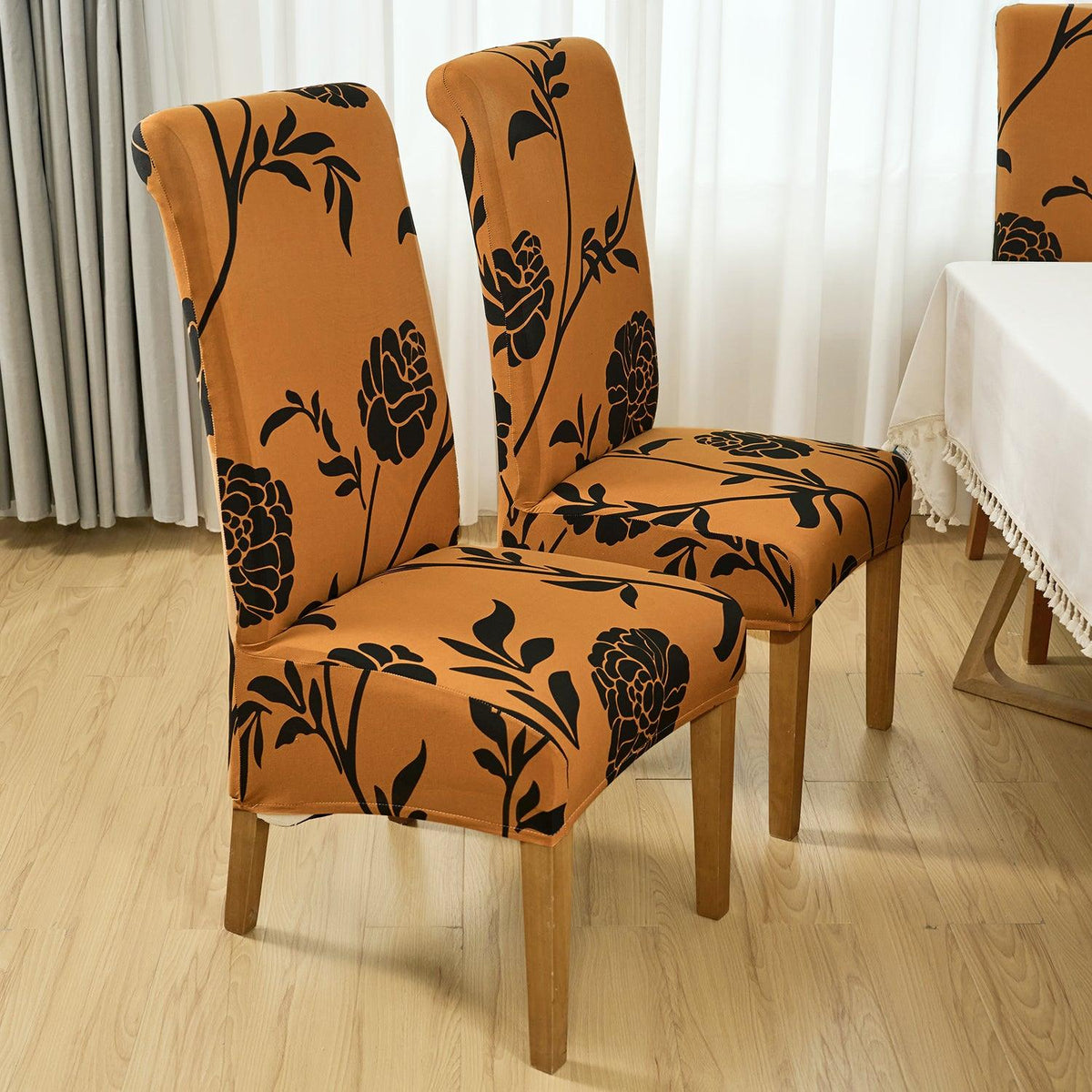 Buy Copper Brown Floral print long-back dining table chair cover sets | HOKIPO