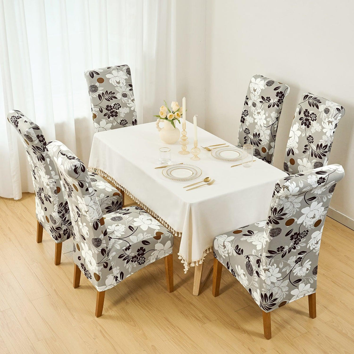 Buy feather brown floral print long-back dining chair cover sets | HOKIPO