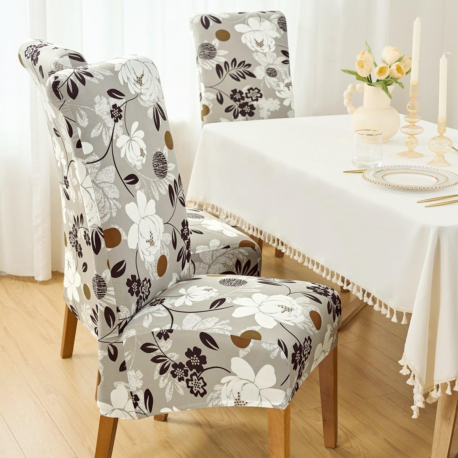 PolySpandex 140gsm High Back Dining Chair Cover Set of 1/2/4/6, Feather Brown Floral - HOKIPO | Har Ghar ka Humsafar