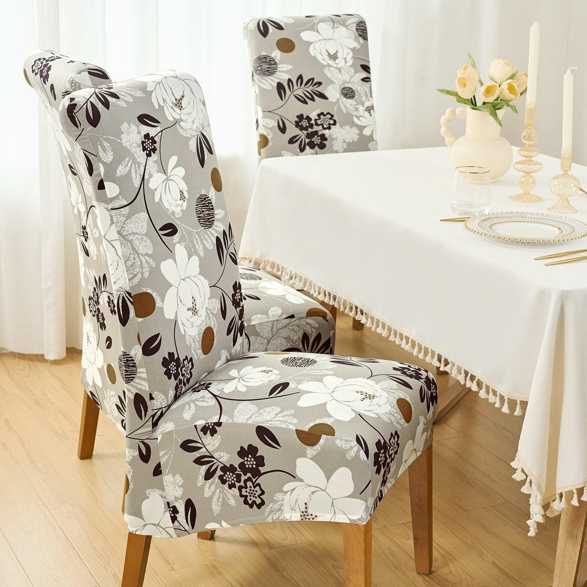 Buy feather brown floral print long-back dining table chair cover sets | HOKIPO