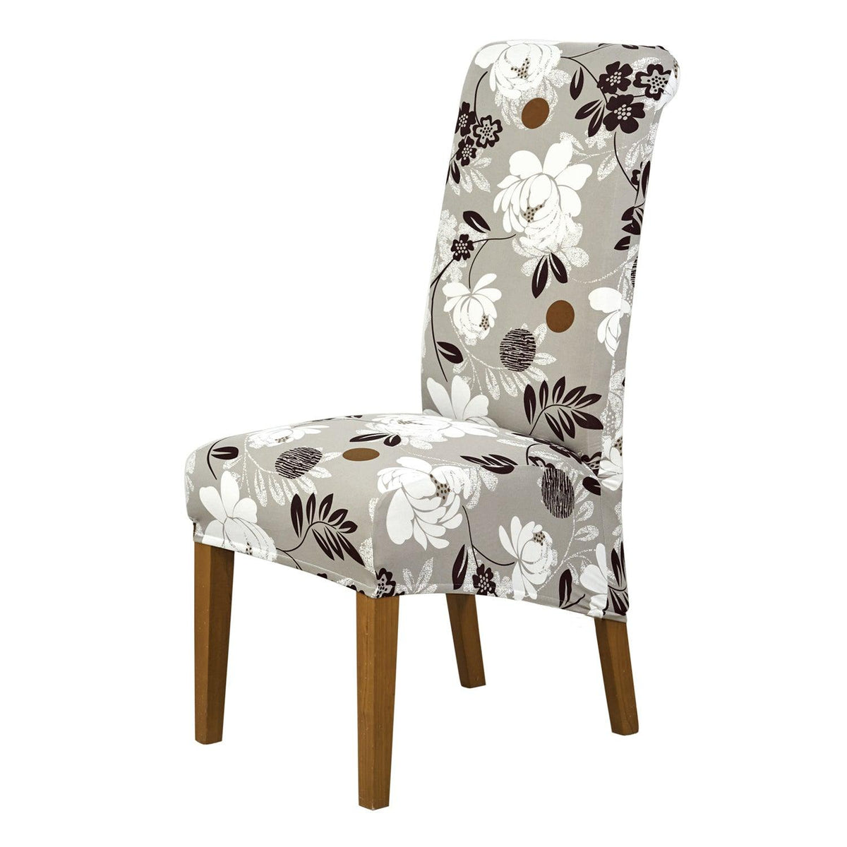 PolySpandex 140gsm High Back Dining Chair Cover Set of 1/2/4/6, Feather Brown Floral - HOKIPO | Har Ghar ka Humsafar