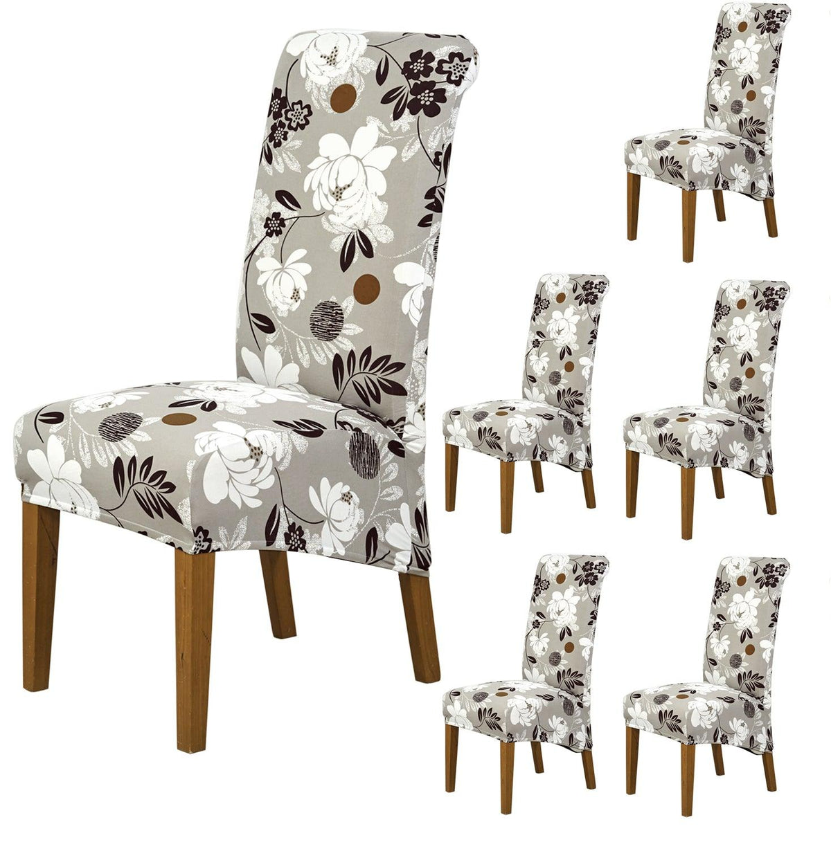 Premium feather brown floral print long-back dining chair covers​ set of 6 | HOKIPO