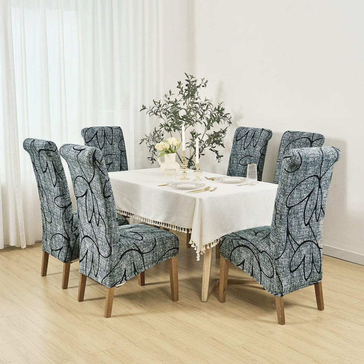 Buy Intense Grey Abstract Floral print long-back dining chair cover sets | HOKIPO