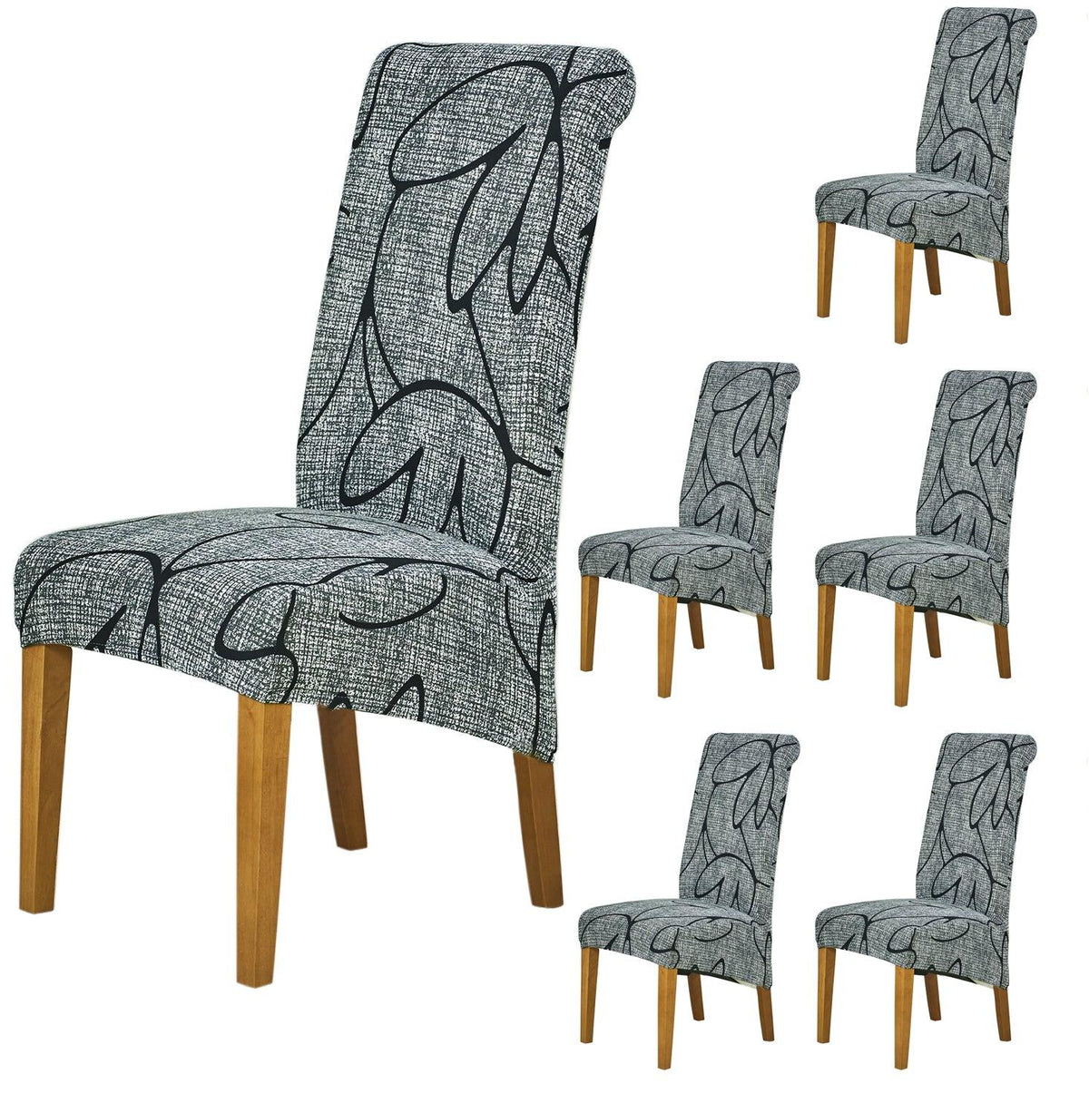 Premium Intense Grey Abstract Floral print long-back dining chair covers​ set of 6 | HOKIPO