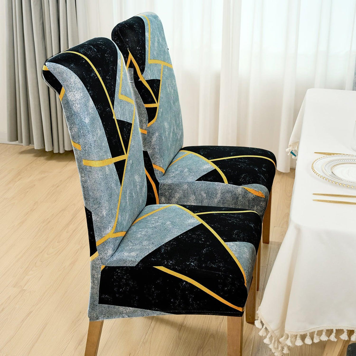 Buy Multicolor Abstract Geometry print long-back dining table chair cover sets | HOKIPO