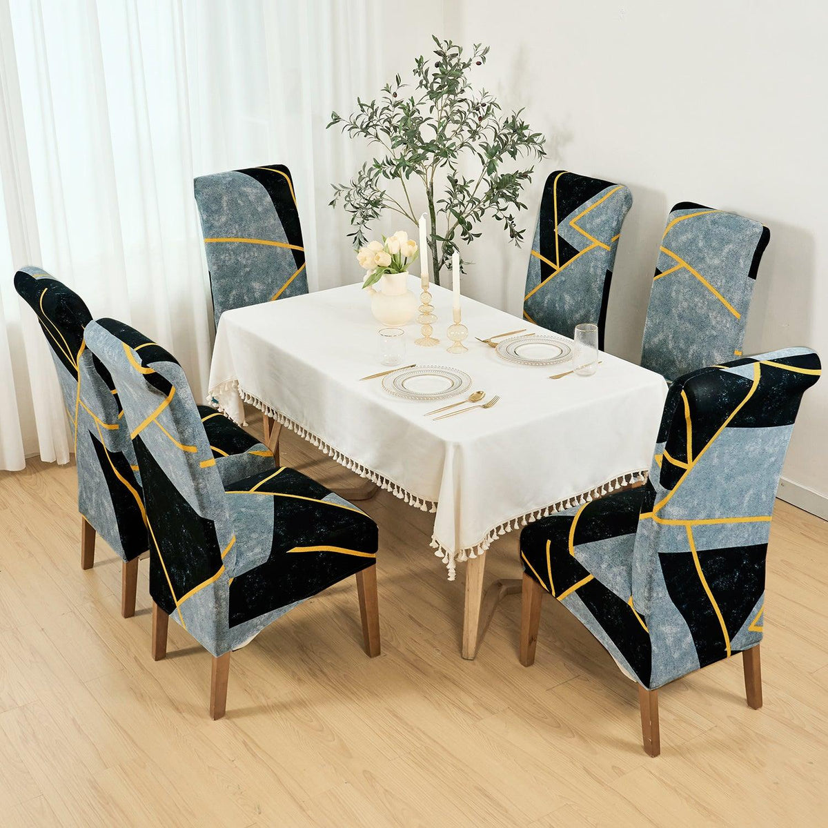 Buy Multicolor Abstract Geometry print long-back dining chair cover sets | HOKIPO