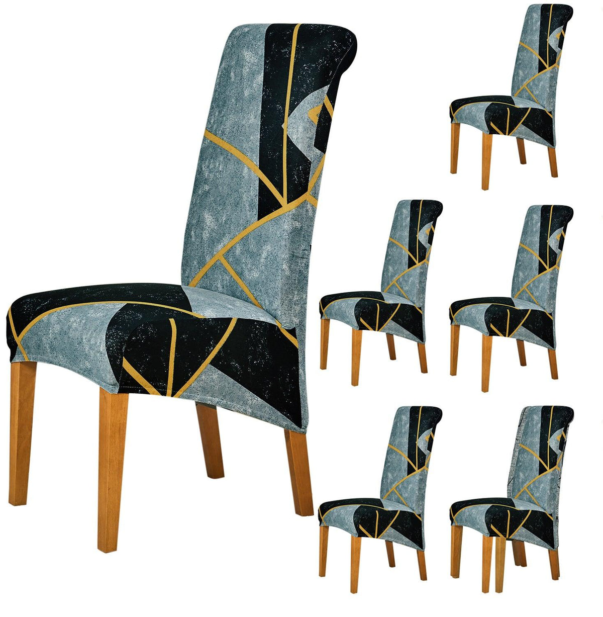 Premium Multicolor Abstract Geometry print high-back chair covers​ set of 6 | HOKIPO