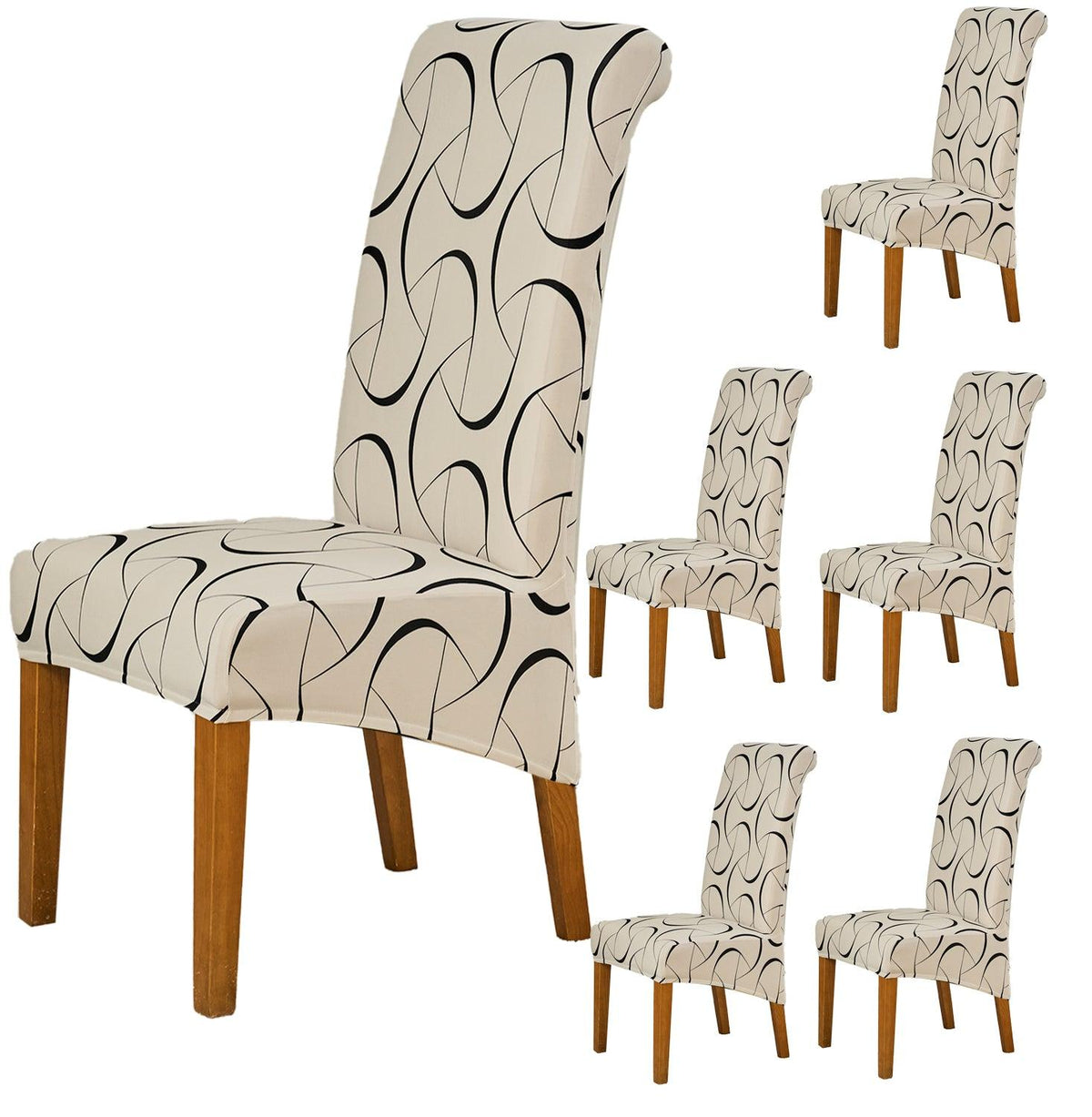 Premium Natural Beige Abstract Art print long-back dining chair covers​ set of 6 | HOKIPO