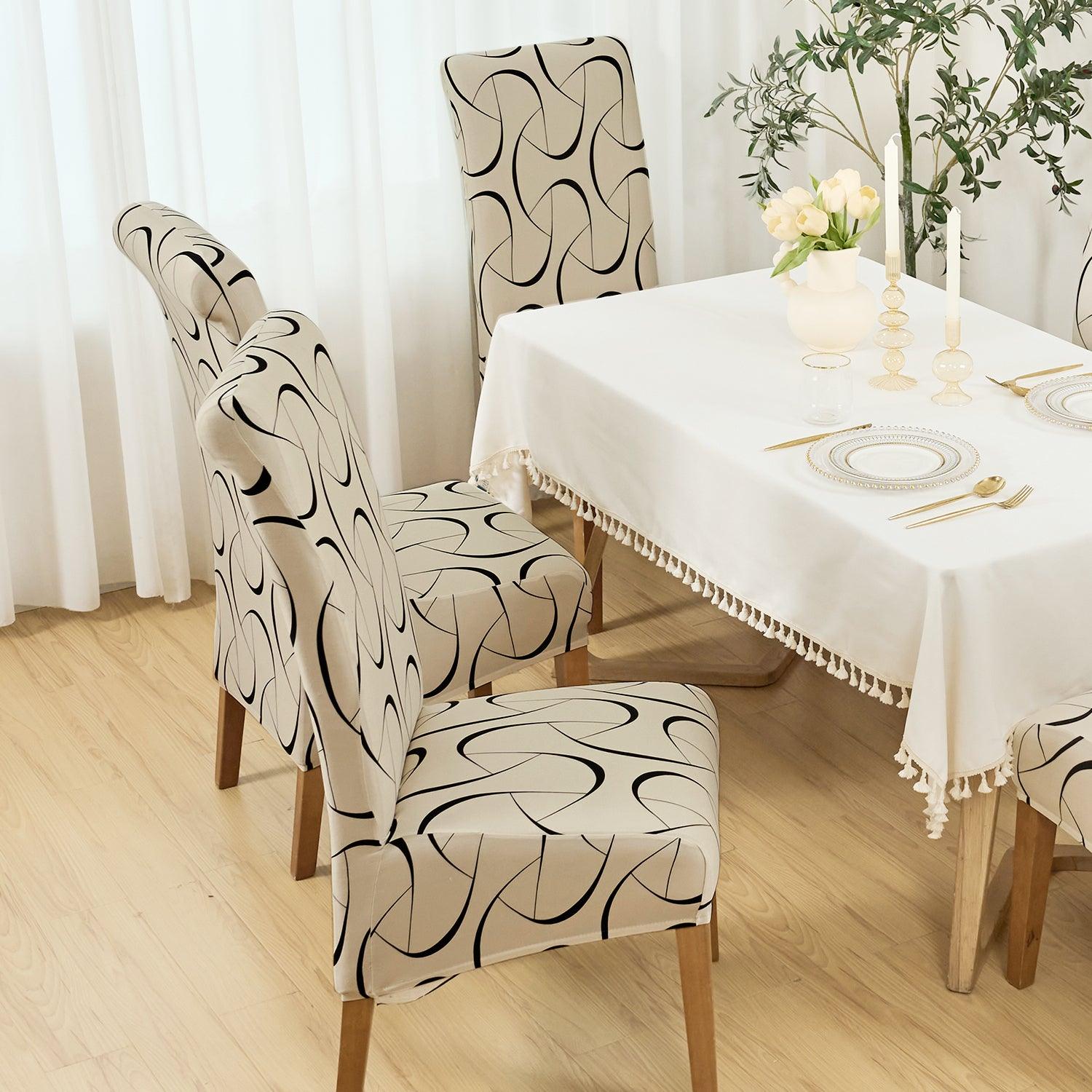 PolySpandex 140gsm High Back Dining Chair Cover Set of 1/2/4/6, Natural Beige Abstract Art - HOKIPO | Har Ghar ka Humsafar