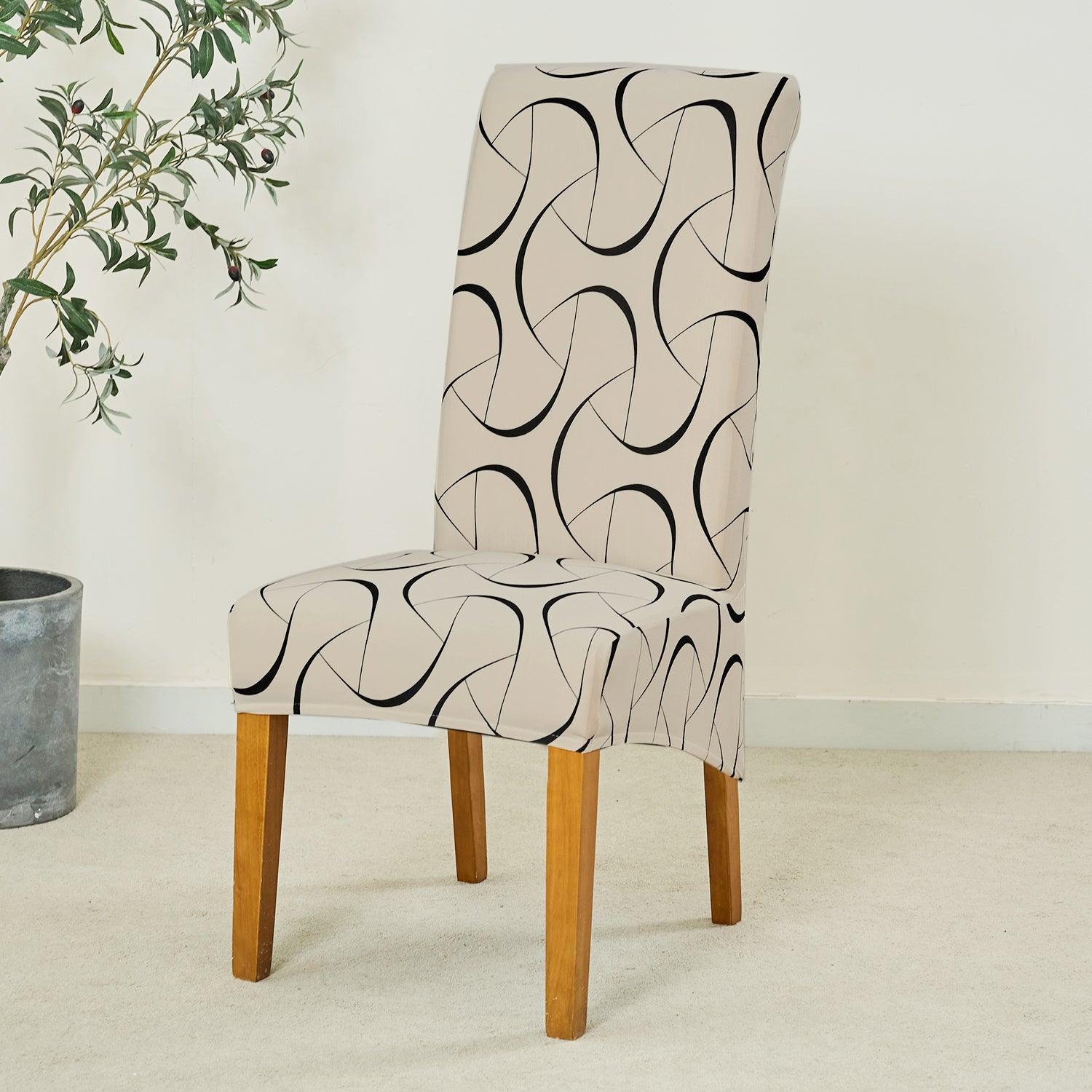 PolySpandex 140gsm High Back Dining Chair Cover Set of 1/2/4/6, Natural Beige Abstract Art - HOKIPO | Har Ghar ka Humsafar