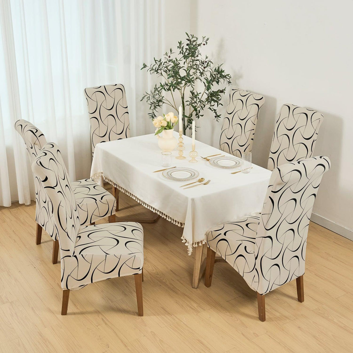 Buy Natural Beige Abstract Art print long-back dining chair cover sets | HOKIPO