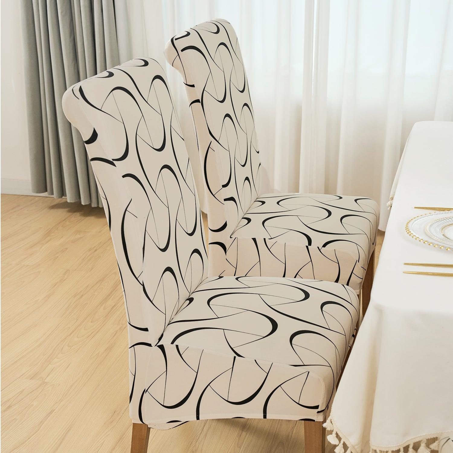 PolySpandex 140gsm High Back Dining Chair Cover Set of 1/2/4/6, Natural Beige Abstract Art - HOKIPO | Har Ghar ka Humsafar