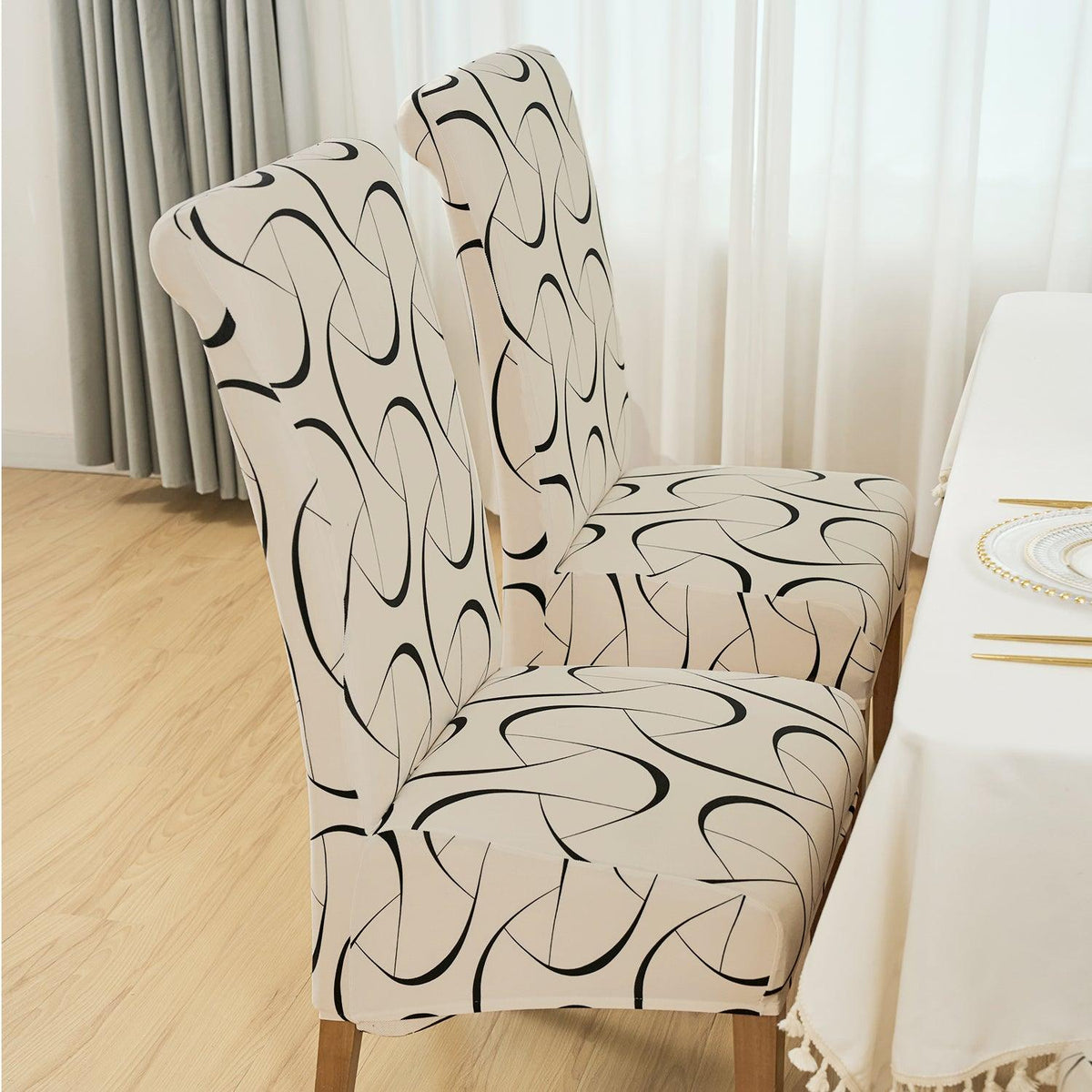 Buy Natural Beige Abstract Art print long-back dining table chair cover sets | HOKIPO