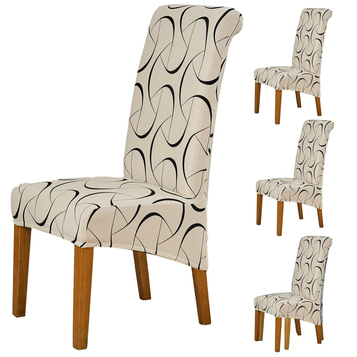 PolySpandex 140gsm High Back Dining Chair Cover Set of 1/2/4/6, Natural Beige Abstract Art - HOKIPO | Har Ghar ka Humsafar