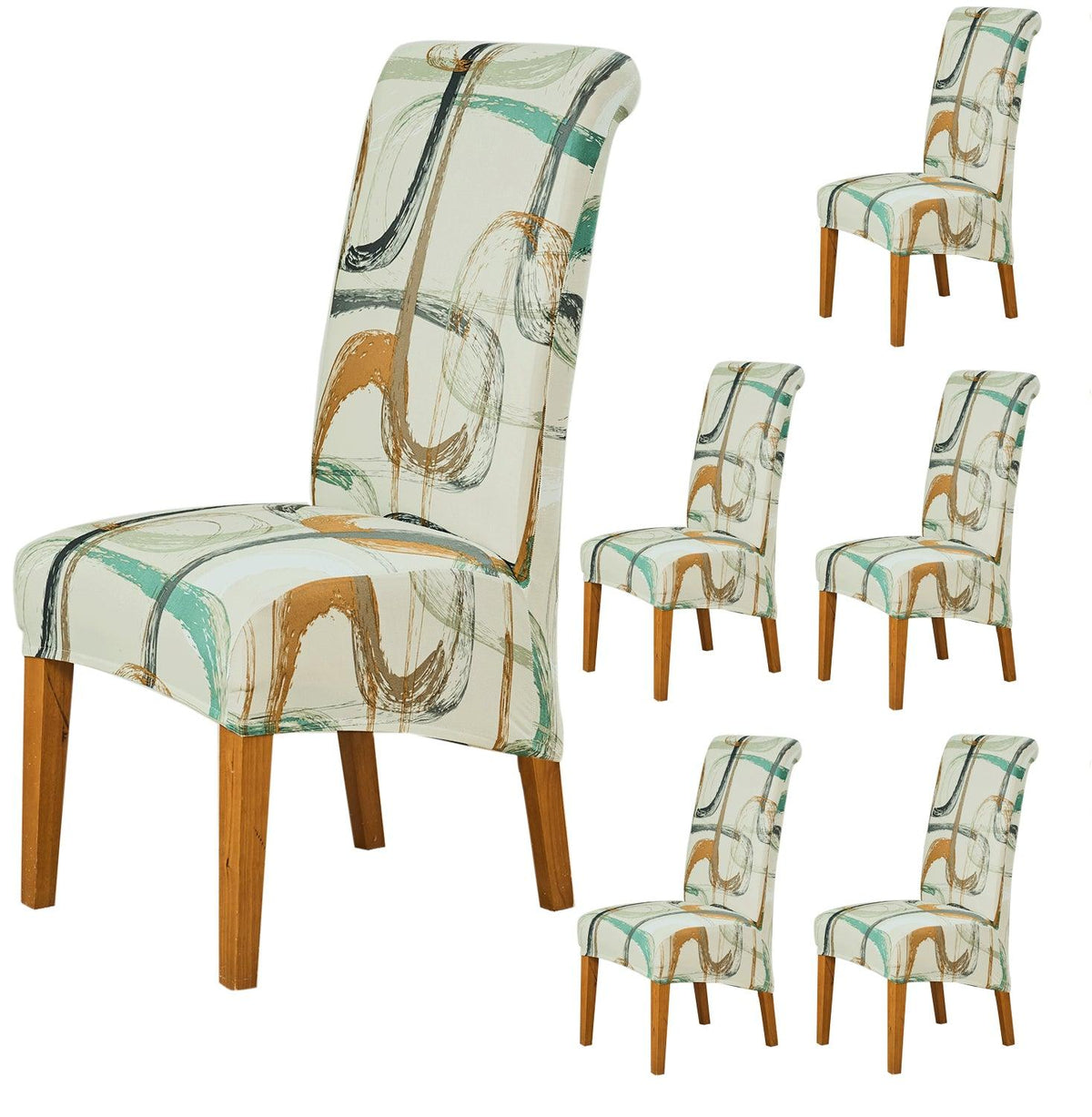 Premium Parchement Beige Abstract Art print long-back dining chair covers​ set of 6 | HOKIPO
