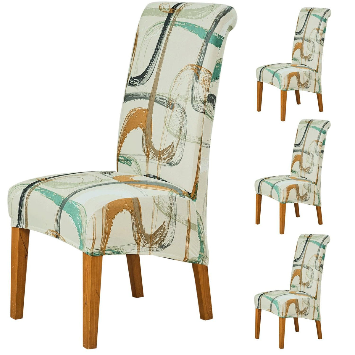 PolySpandex 140gsm High Back Dining Chair Cover Set of 1/2/4/6, Parchement Beige Abstract Art - HOKIPO | Har Ghar ka Humsafar