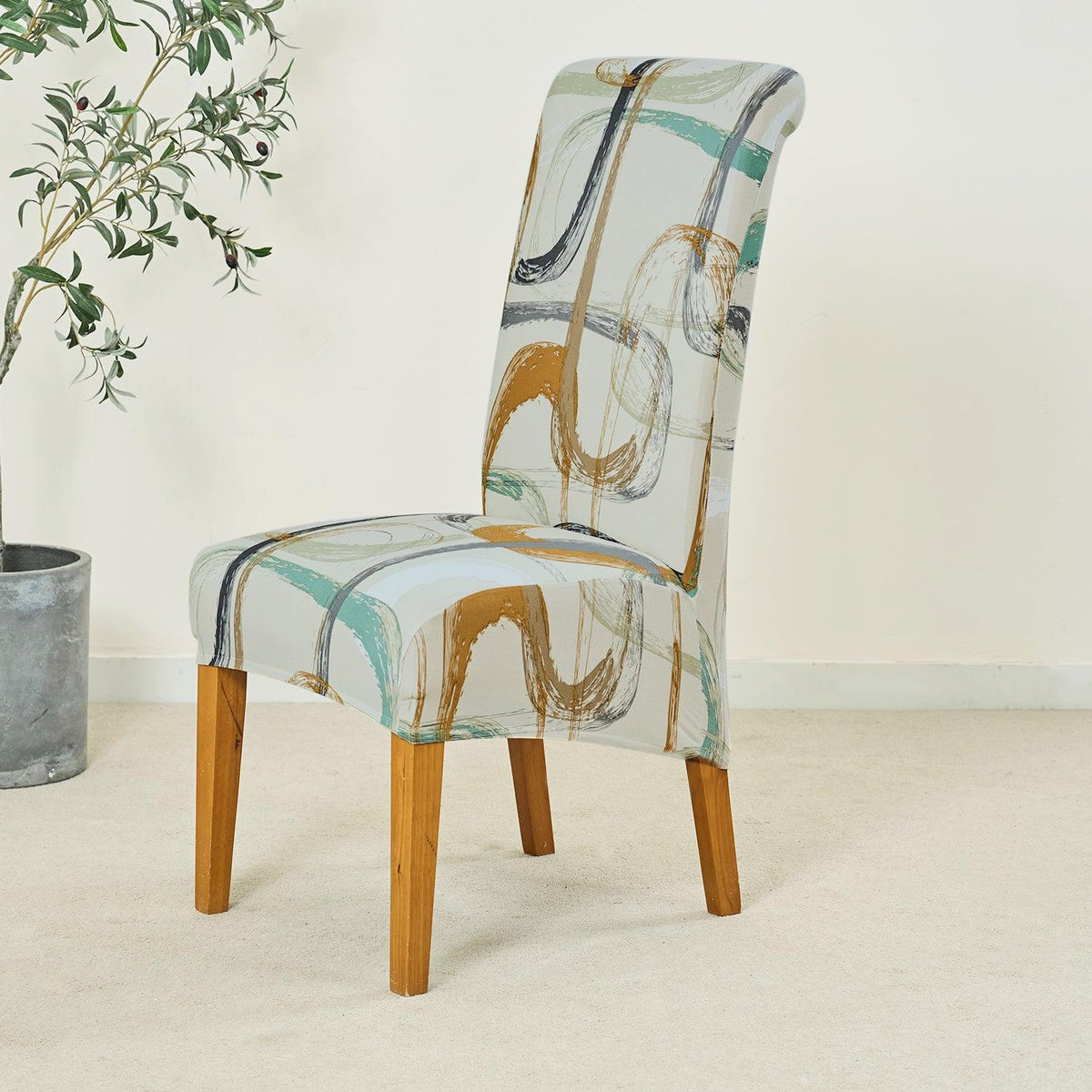 PolySpandex 140gsm High Back Dining Chair Cover Set of 1/2/4/6, Parchement Beige Abstract Art - HOKIPO | Har Ghar ka Humsafar