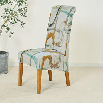 PolySpandex 140gsm High Back Dining Chair Cover Set of 1/2/4/6, Parchement Beige Abstract Art - HOKIPO | Har Ghar ka Humsafar