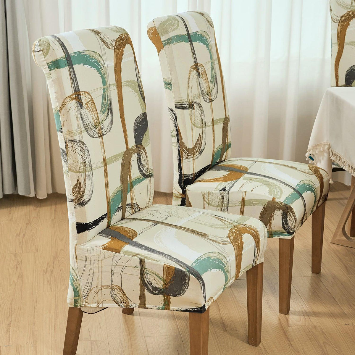 Buy Parchement Beige Abstract Art print long-back dining table chair cover sets | HOKIPO