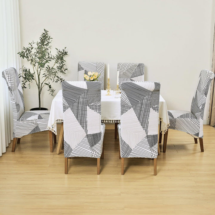 PolySpandex 140gsm High Back Dining Chair Cover Set of 1/2/4/6, Snow White Black Geometry - HOKIPO | Har Ghar ka Humsafar