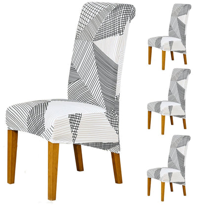 PolySpandex 140gsm High Back Dining Chair Cover Set of 1/2/4/6, Snow White Black Geometry - HOKIPO | Har Ghar ka Humsafar