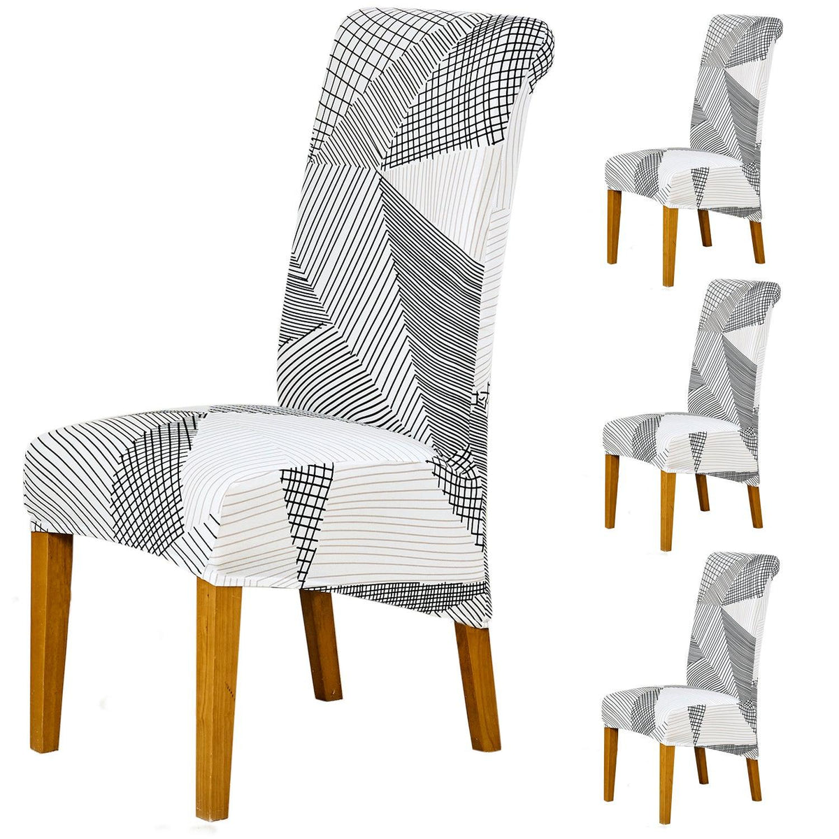 PolySpandex 140gsm High Back Dining Chair Cover Set of 1/2/4/6, Snow White Black Geometry - HOKIPO | Har Ghar ka Humsafar