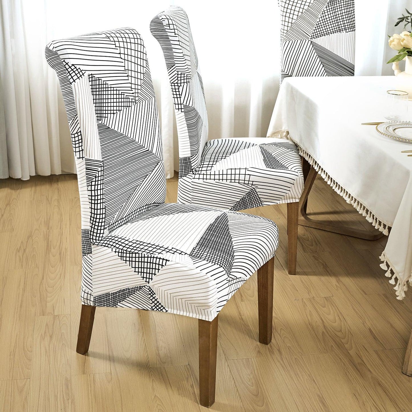 PolySpandex 140gsm High Back Dining Chair Cover Set of 1/2/4/6, Snow White Black Geometry - HOKIPO | Har Ghar ka Humsafar