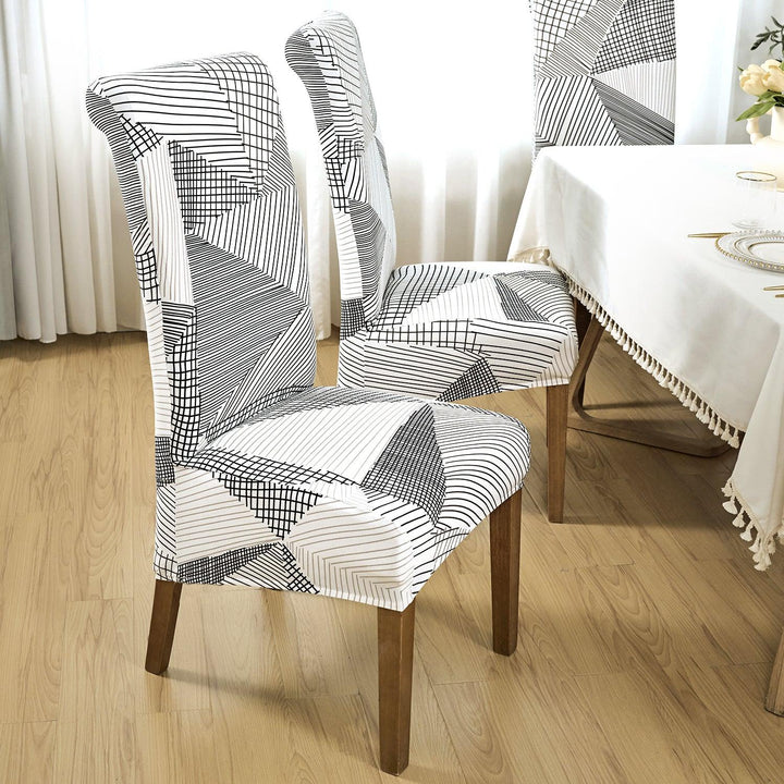PolySpandex 140gsm High Back Dining Chair Cover Set of 1/2/4/6, Snow White Black Geometry - HOKIPO | Har Ghar ka Humsafar