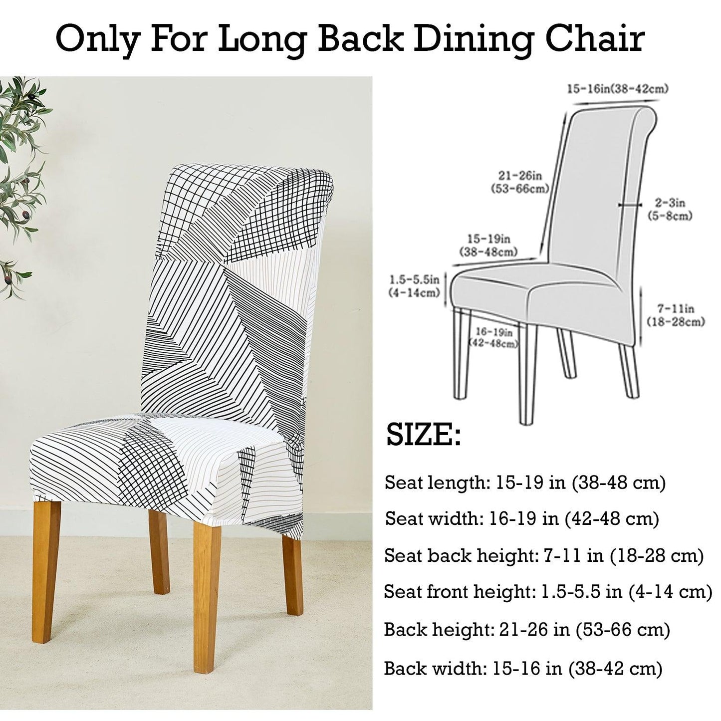 PolySpandex 140gsm High Back Dining Chair Cover Set of 1/2/4/6, Snow White Black Geometry - HOKIPO | Har Ghar ka Humsafar