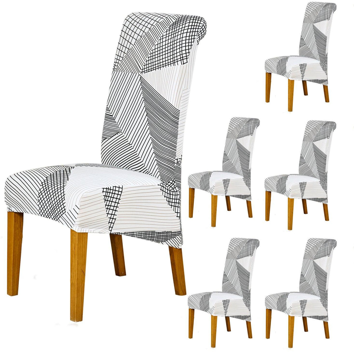 Premium Snow White Black Geometry print high-back chair covers​ set of 6 | HOKIPO