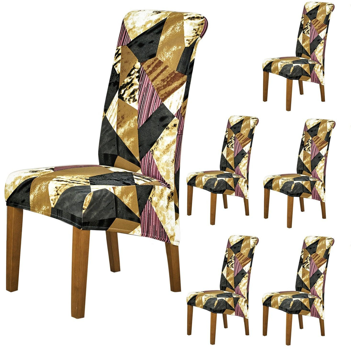 PolySpandex 140gsm High Back Dining Chair Cover Set of 1/2/4/6, Wine Abstract Geometry - HOKIPO | Har Ghar ka Humsafar