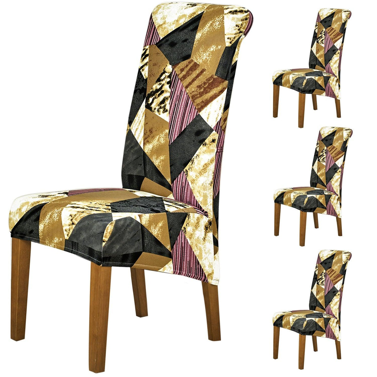 PolySpandex 140gsm High Back Dining Chair Cover Set of 1/2/4/6, Wine Abstract Geometry - HOKIPO | Har Ghar ka Humsafar