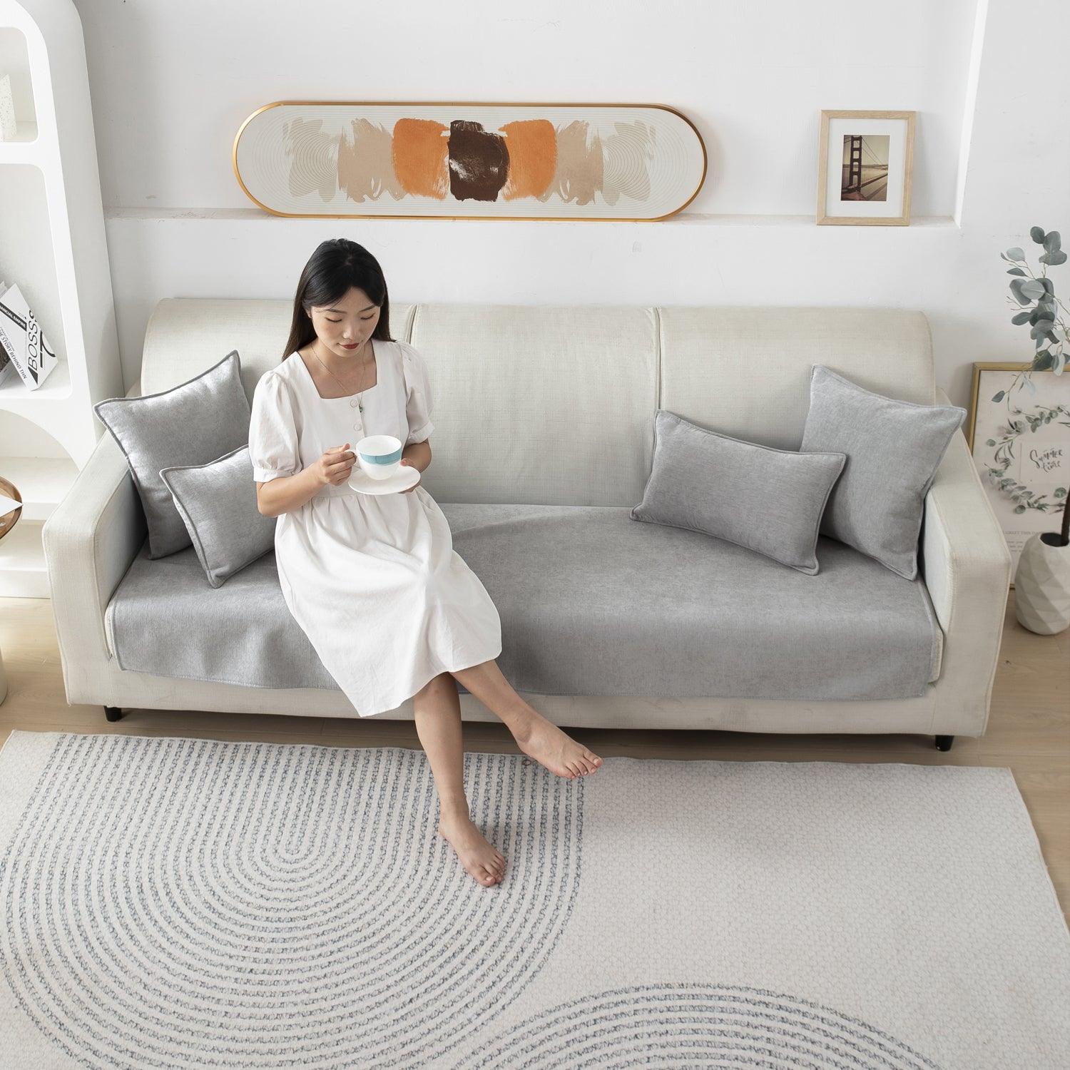 Premium Chenille Anti Slip Sofa Seat Mat for 1/2/3 Seater, Light Grey - HOKIPO | Har Ghar ka Humsafar