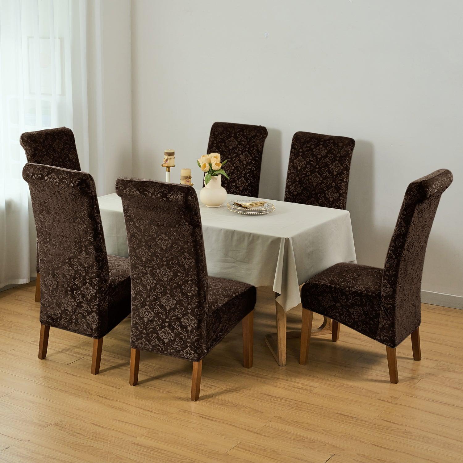 Premium Embossed Velvet Long Back Chair Cover Set of 1/2/4/6, Brown - HOKIPO | Har Ghar ka Humsafar