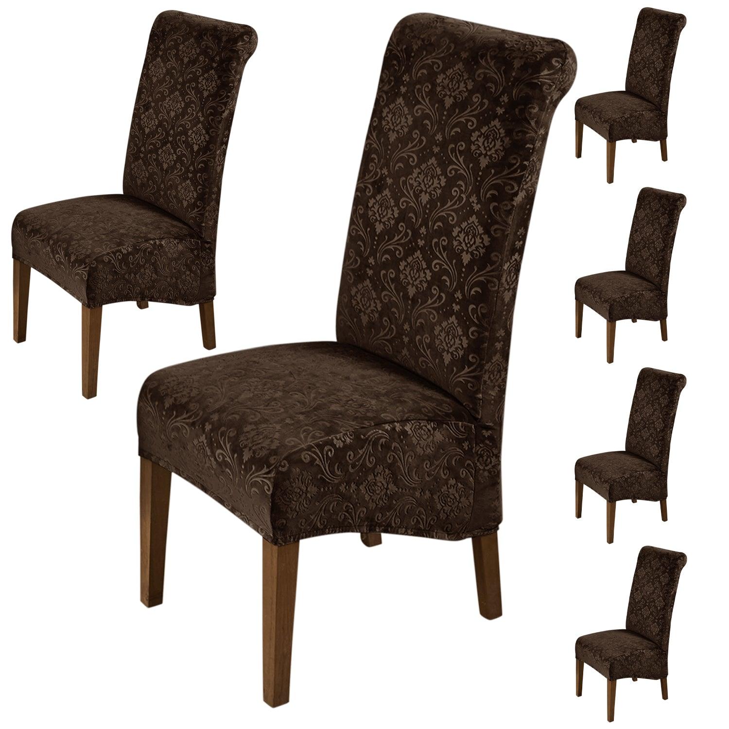 Premium Embossed Velvet Long Back Chair Cover Set of 1/2/4/6, Brown - HOKIPO | Har Ghar ka Humsafar