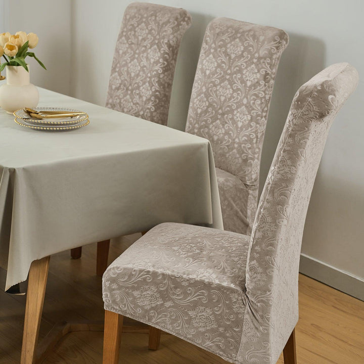 Premium Embossed Velvet Long Back Chair Cover Set of 1/2/4/6, Camel - HOKIPO | Har Ghar ka Humsafar