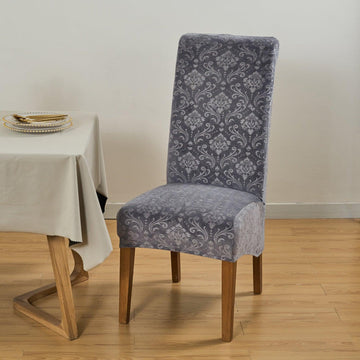 Premium Embossed Velvet Long Back Chair Cover Set of 1/2/4/6, Dark Grey - HOKIPO | Har Ghar ka Humsafar