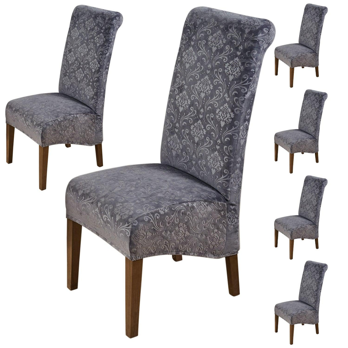 Premium Embossed Velvet Long Back Chair Cover Set of 1/2/4/6, Dark Grey - HOKIPO | Har Ghar ka Humsafar