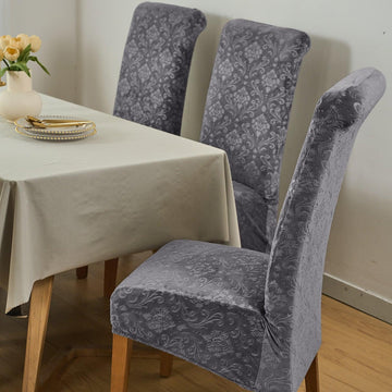 Premium Embossed Velvet Long Back Chair Cover Set of 1/2/4/6, Dark Grey - HOKIPO | Har Ghar ka Humsafar