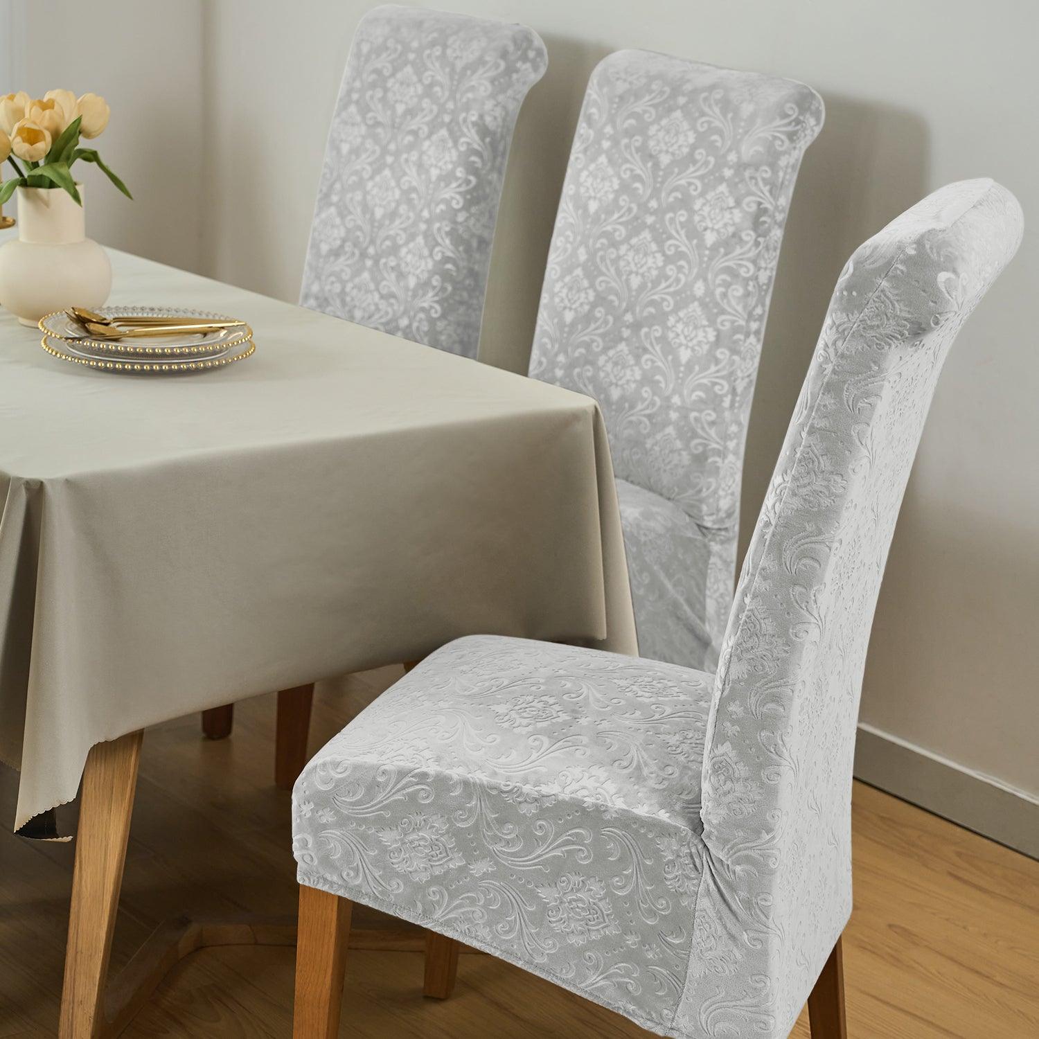 Premium Embossed Velvet Long Back Chair Cover Set of 1/2/4/6, Light Grey - HOKIPO | Har Ghar ka Humsafar