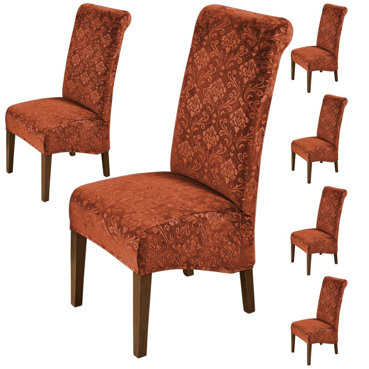 Premium Embossed Velvet Long Back Chair Cover Set of 1/2/4/6, Rustic Brown - HOKIPO | Har Ghar ka Humsafar