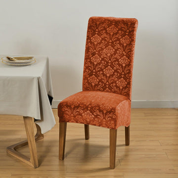 Premium Embossed Velvet Long Back Chair Cover Set of 1/2/4/6, Rustic Brown - HOKIPO | Har Ghar ka Humsafar