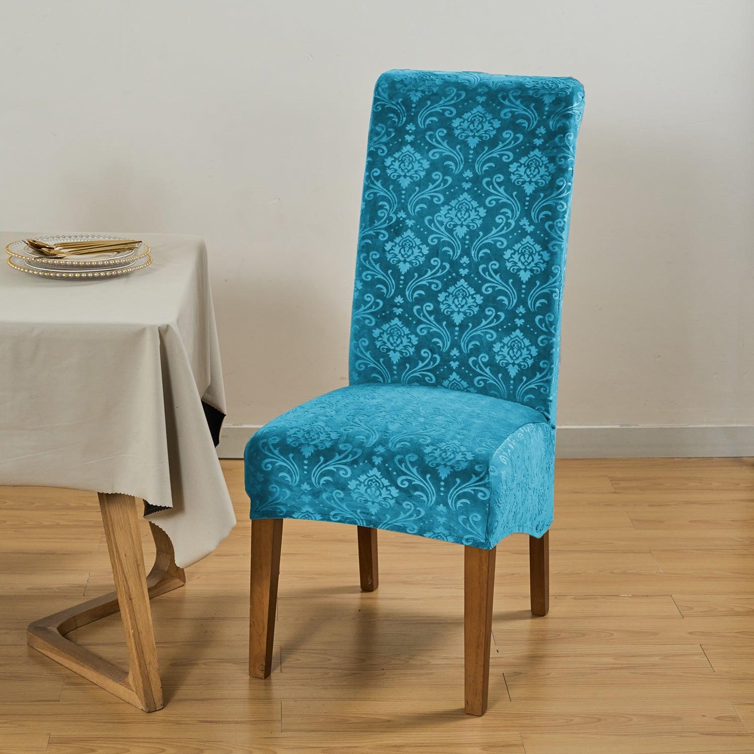 Premium Embossed Velvet Long Back Chair Cover Set of 1/2/4/6, Turquoise - HOKIPO | Har Ghar ka Humsafar