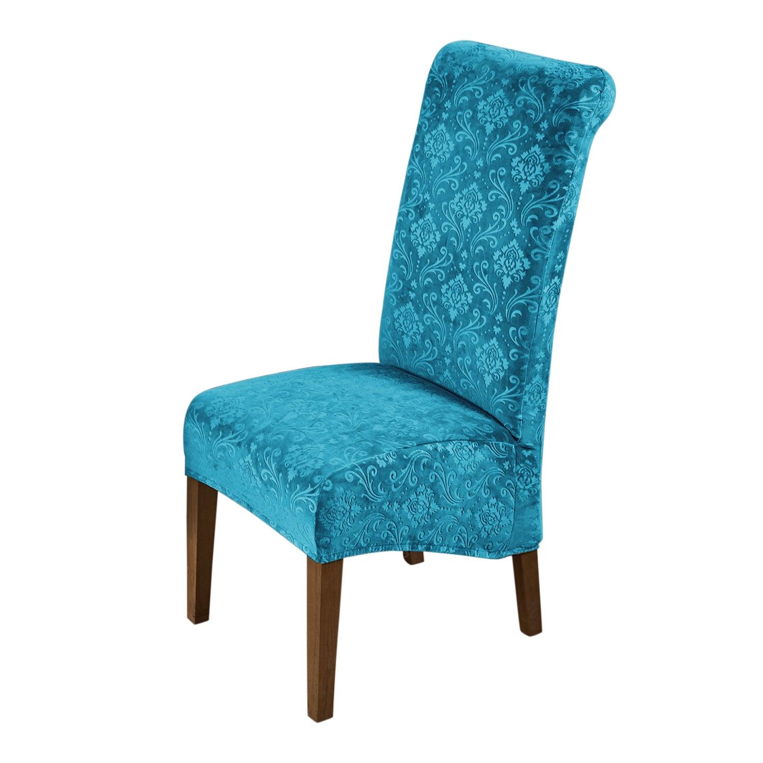 Premium Embossed Velvet Long Back Chair Cover Set of 1/2/4/6, Turquoise - HOKIPO | Har Ghar ka Humsafar