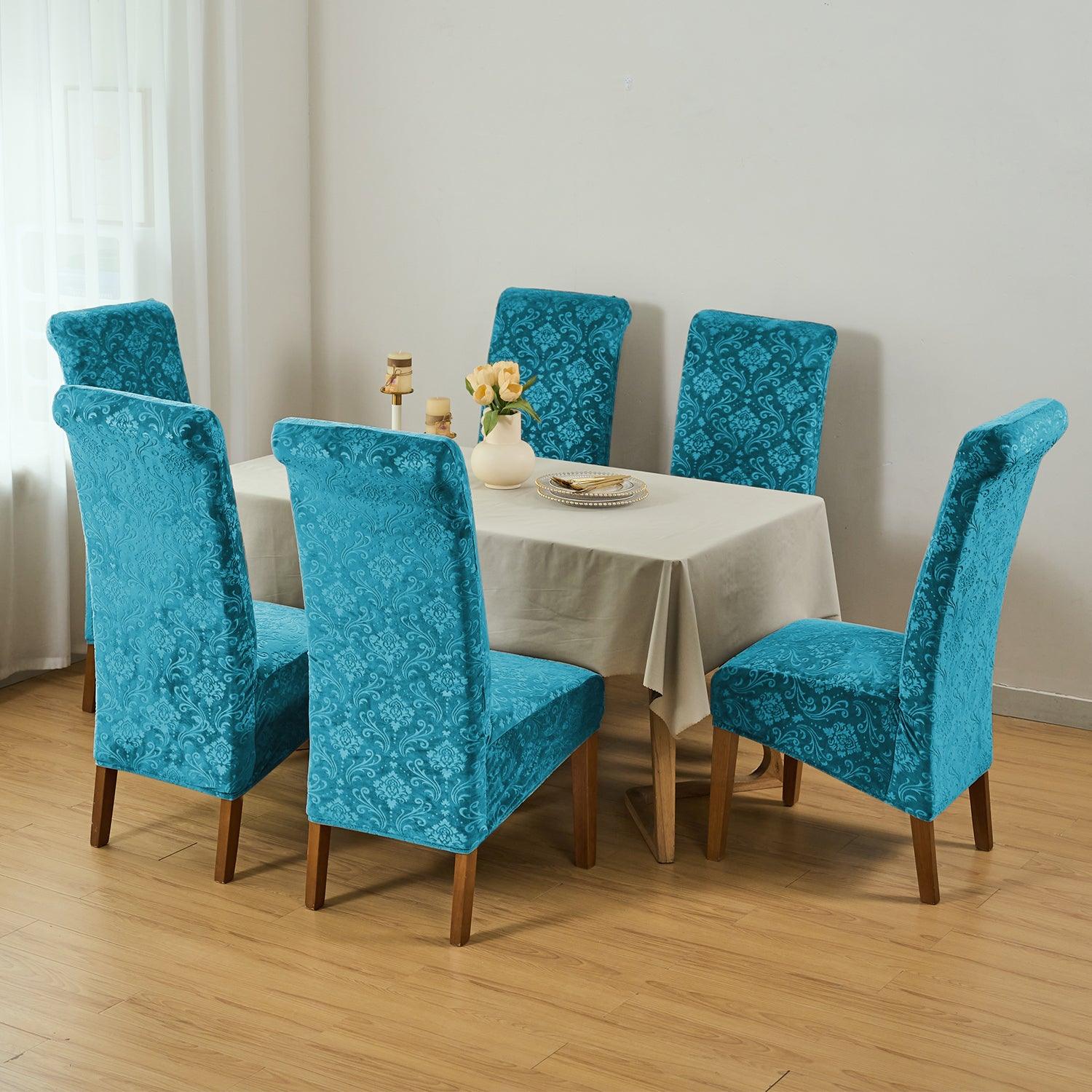 Premium Embossed Velvet Long Back Chair Cover Set of 1/2/4/6, Turquoise - HOKIPO | Har Ghar ka Humsafar