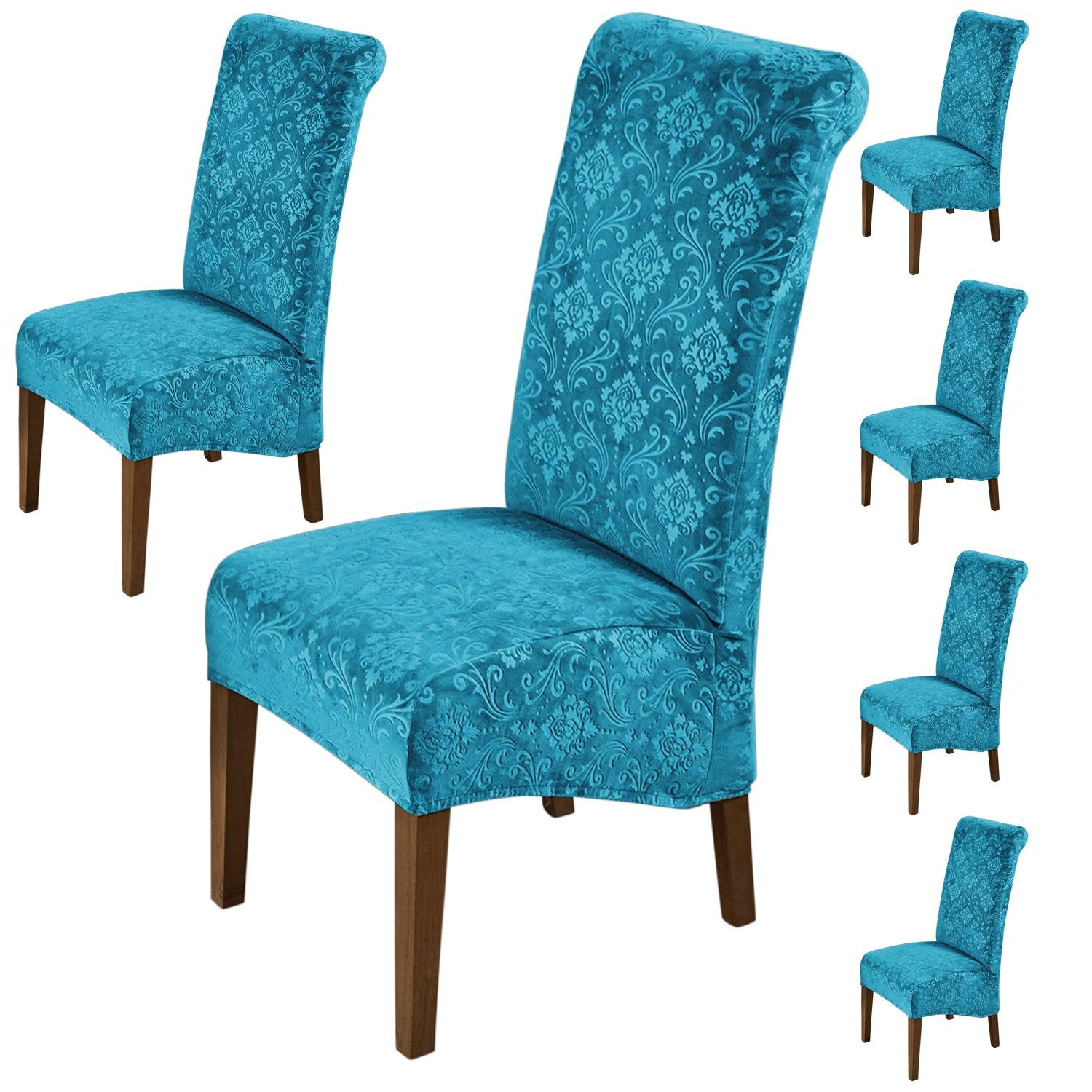 Premium Embossed Velvet Long Back Chair Cover Set of 1/2/4/6, Turquoise - HOKIPO | Har Ghar ka Humsafar