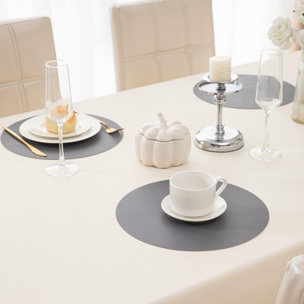 Premium Faux Leather Dining Table Round Mats, Anchor Grey - HOKIPO | Har Ghar ka Humsafar