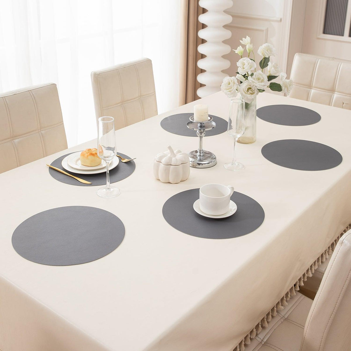Premium Faux Leather Dining Table Round Mats, Anchor Grey - HOKIPO | Har Ghar ka Humsafar