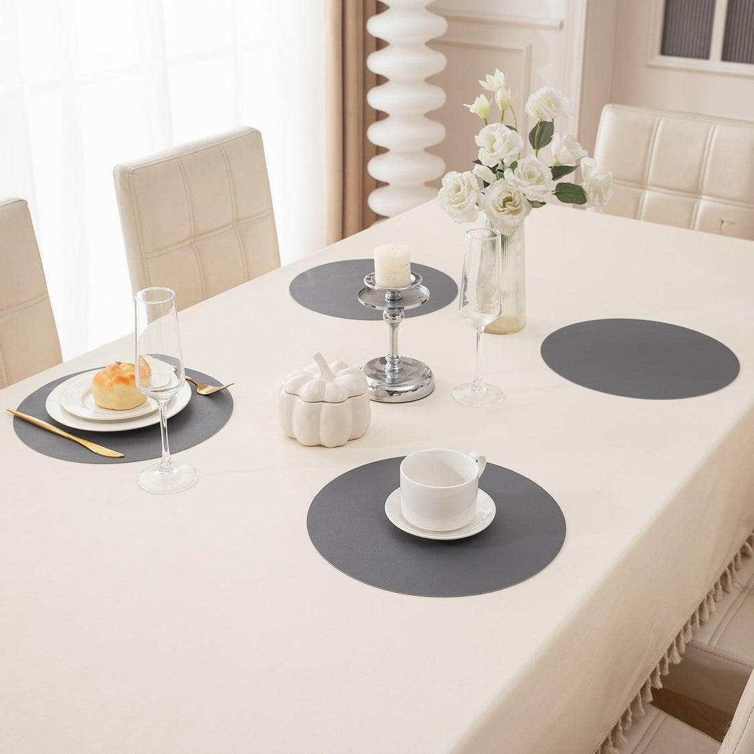 Premium Faux Leather Dining Table Round Mats, Anchor Grey - HOKIPO | Har Ghar ka Humsafar