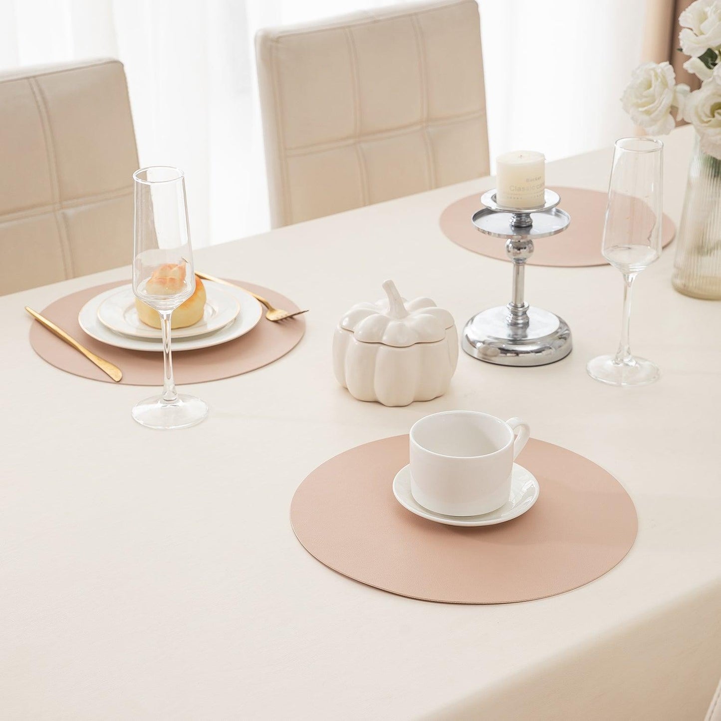 Premium Faux Leather Dining Table Round Mats, Beige - HOKIPO | Har Ghar ka Humsafar